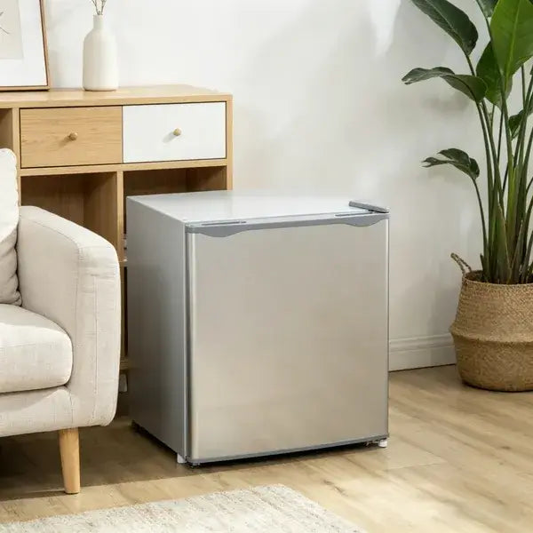 Congélateur compact moderne de 1,1 pi³ en acier inoxydable, alliant esthétique et soins de la peau, au design élégant et à une poignée arrondie.