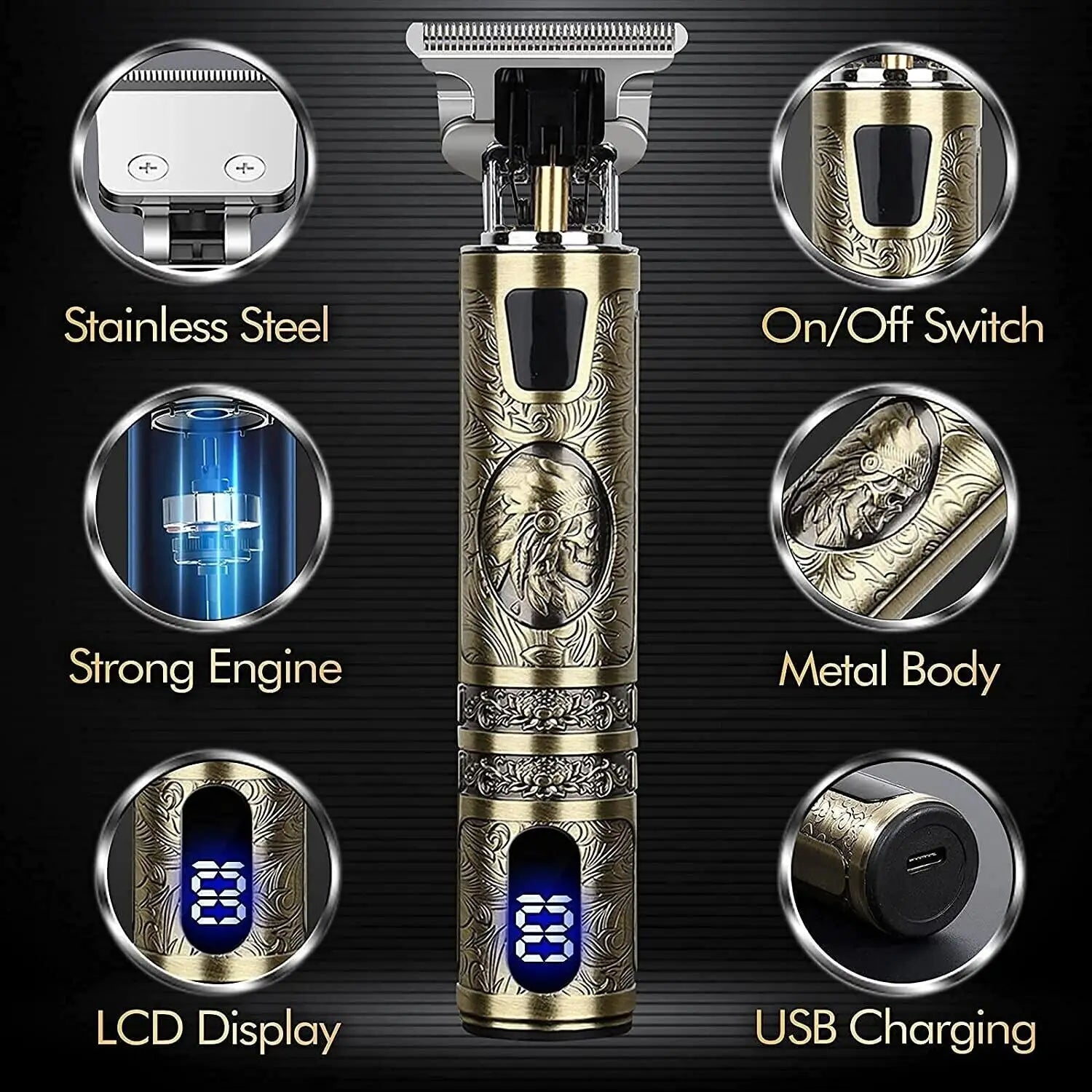 Gold-colored electric hair trimmer with intricate engraved metal body and blue LED display designed as a professional t blade trimmer for men.