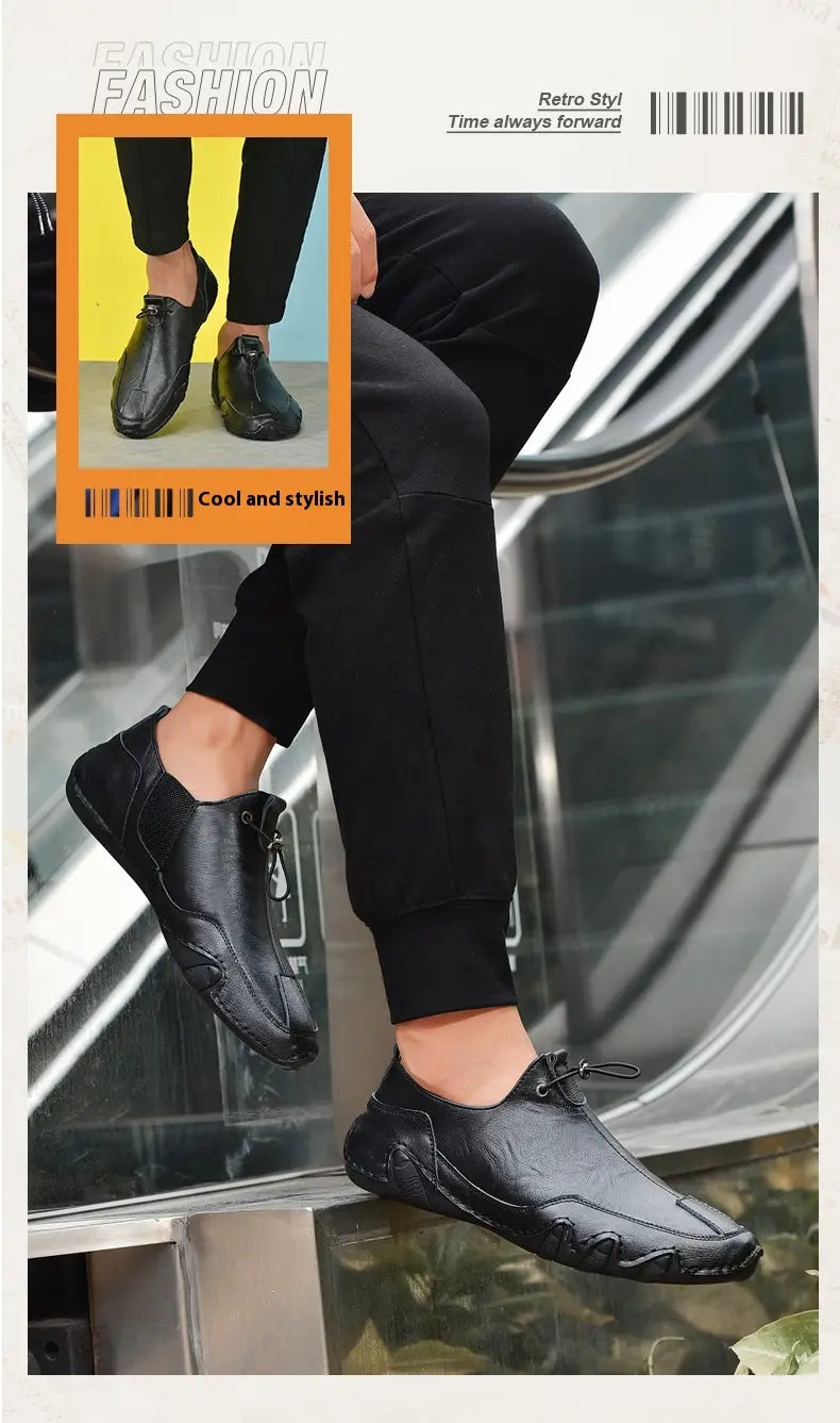 Chaussures de sport décontractées à enfiler pour homme en cuir véritable noir, avec un design rétro épuré et des semelles texturées