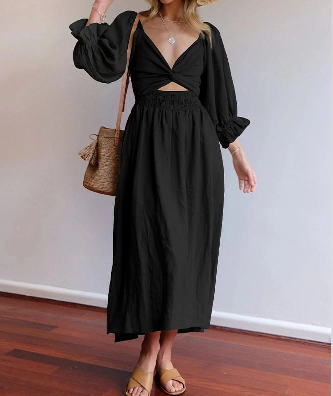 Black long-sleeved V-neck lantern sleeve reversible midi dress with a deep v-neckline and waist cutout.