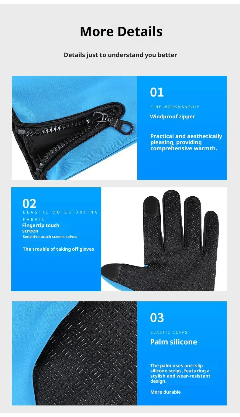 Black windproof touchscreen cycling gloves with elastic cuffs and palm silicone grip designed for thermal outdoor sports.