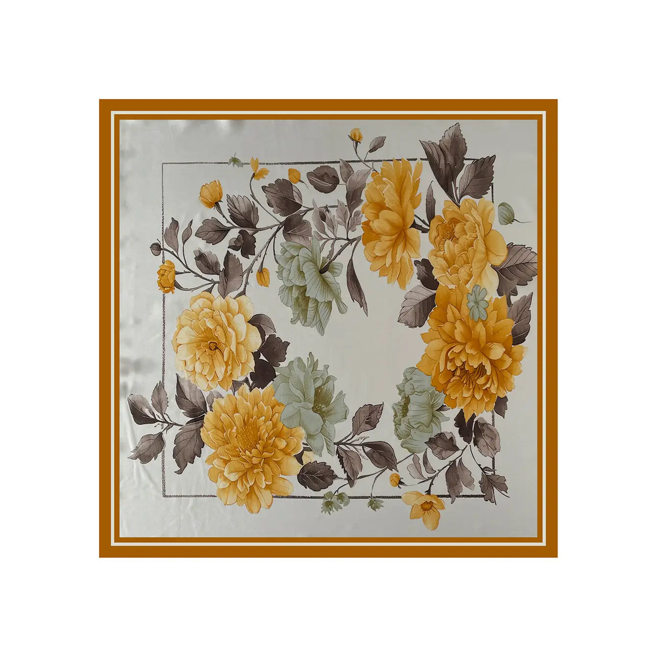 A silk floral square scarf featuring a delicate pattern of vibrant yellow peonies and muted green leaves with an elegant mustard orange border.