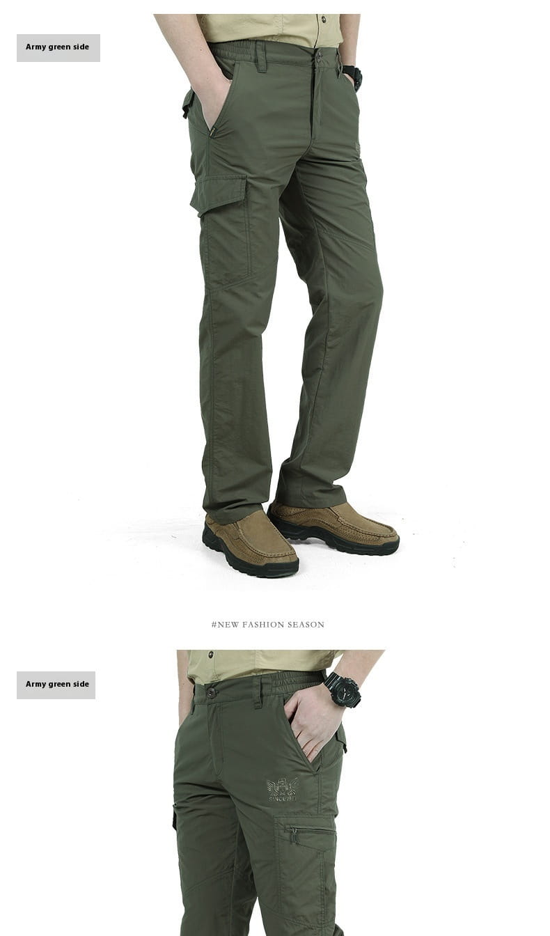 Plus size loose army green cargo pants featuring multiple pockets and a subtle embroidered logo on the thigh designed as durable tactical trousers.