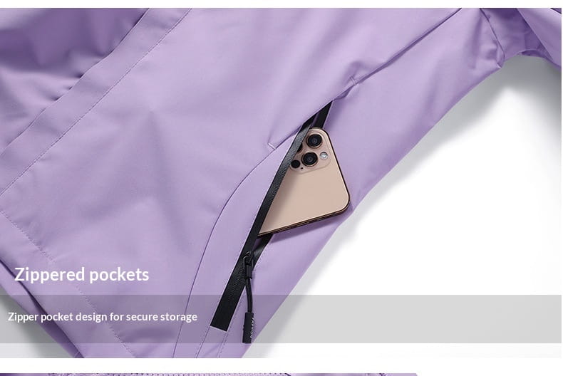 Men’s waterproof sports jacket in lavender color made from water-resistant material with a secure zipper pocket for storage.