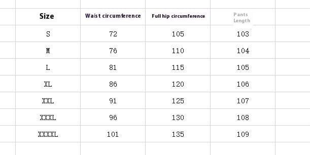 Size chart for men’s fleece drawstring sweatpants showing waist and length measurements in inches across sizes S to XXXXL.
