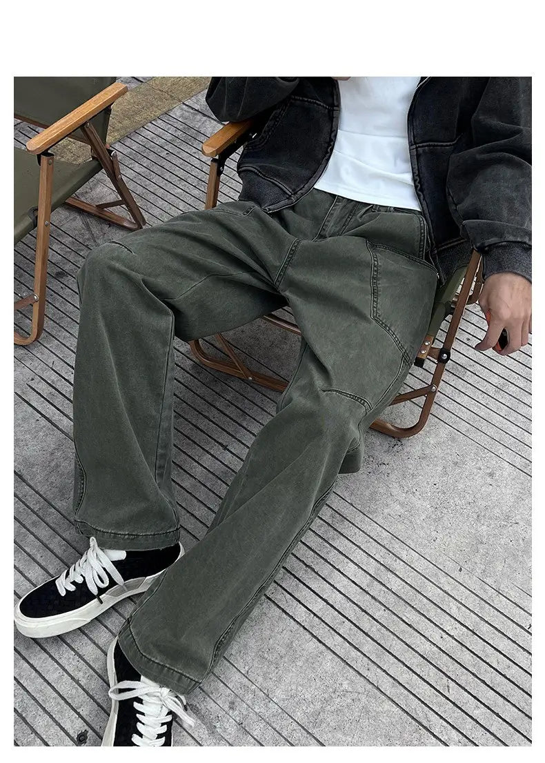 Olive green wide-leg denim cargo pants for mens cotton workwear shown from the back side.