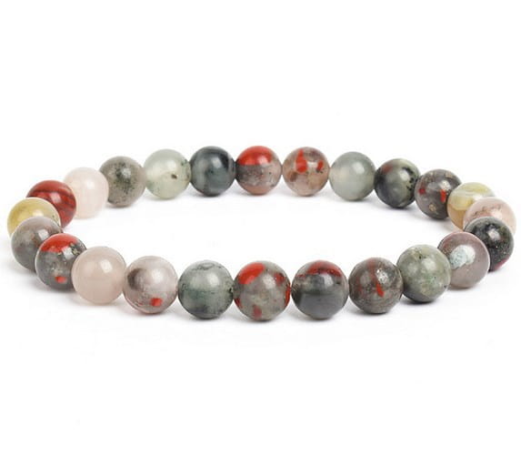 A unisex 8mm polished agate and amethyst stretch bracelet featuring smooth beads with natural stone patterns in gray black and vibrant red accents.
