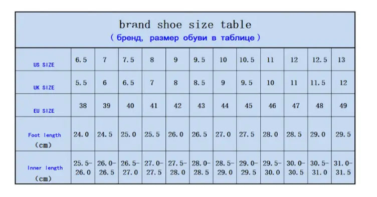 Markentabelle für Schuhgrößen mit US-, UK- und EU-Größen sowie Fuß- und Innenlängenmessungen in Zentimetern für Herren-Premium-PU-Leder-Schnürschuhe im eleganten Casual-Stil.