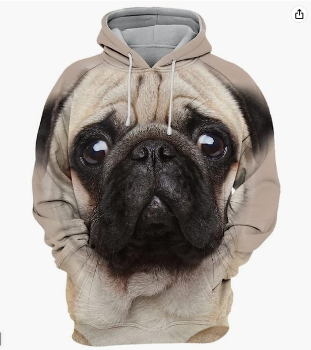 Homme sweat à capuche beige en pull-over, avec un design de visage de carlin imprimé en 3D, détaillé, comprenant un museau noir et des yeux expressifs.