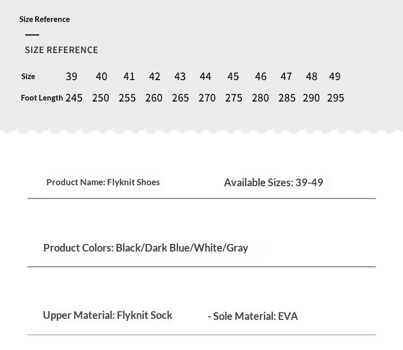 Men’s Flyknit casual breathable lace up sneakers in black, dark blue, white, or gray with a Flyknit sock upper and EVA sole.