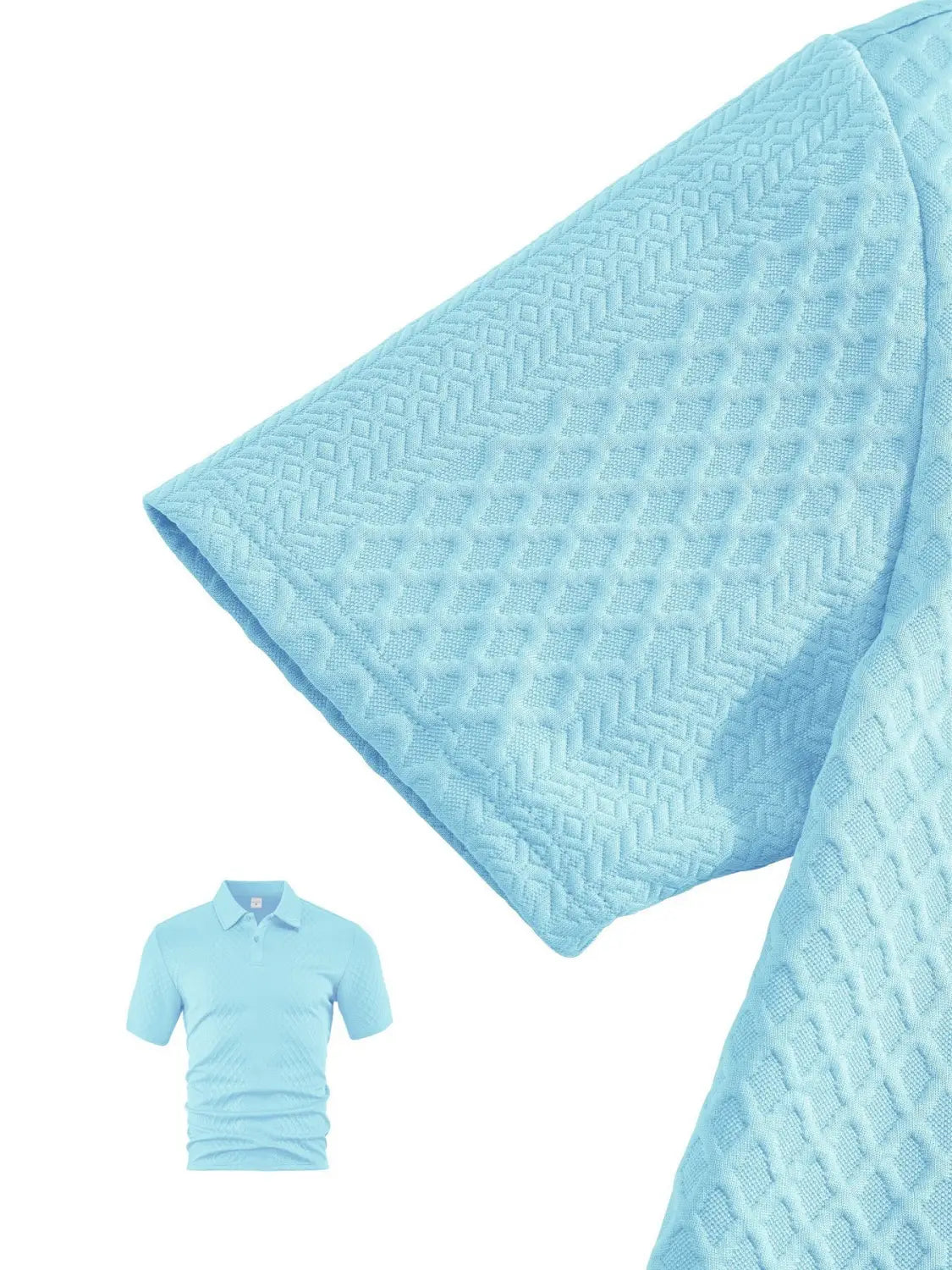 Light blue men’s textured short sleeve polo shirt with a subtle geometric weave pattern.