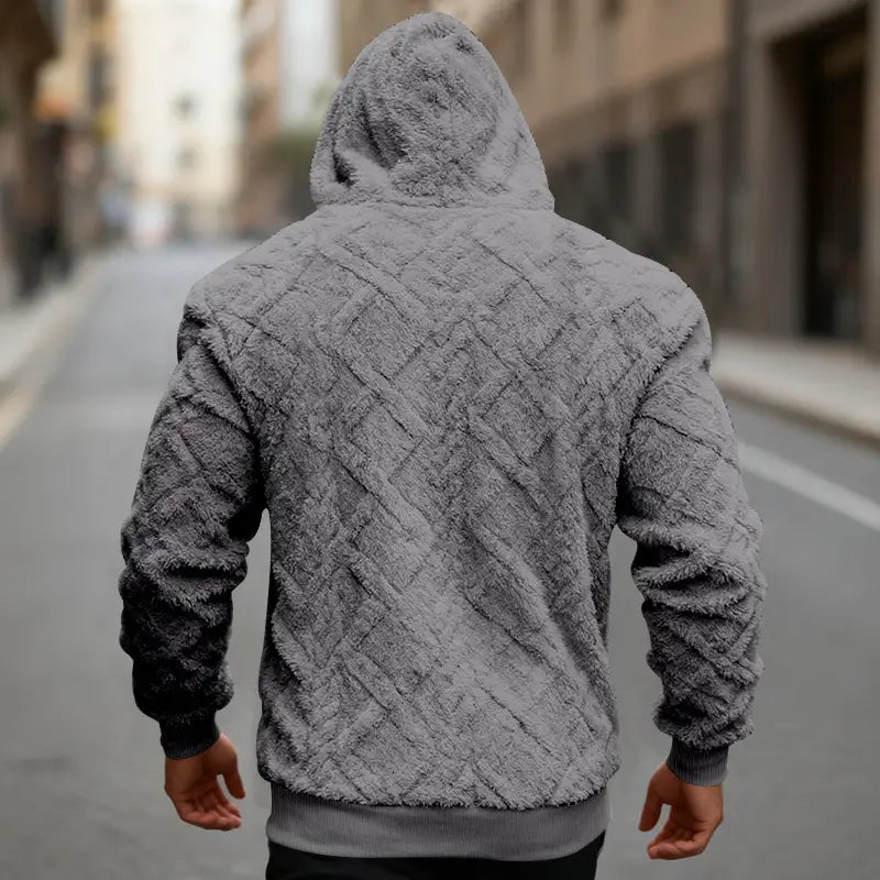Men’s gray fuzzy hooded sweatshirt with diamond patterned texture black cuffs and fleece lined knit material.