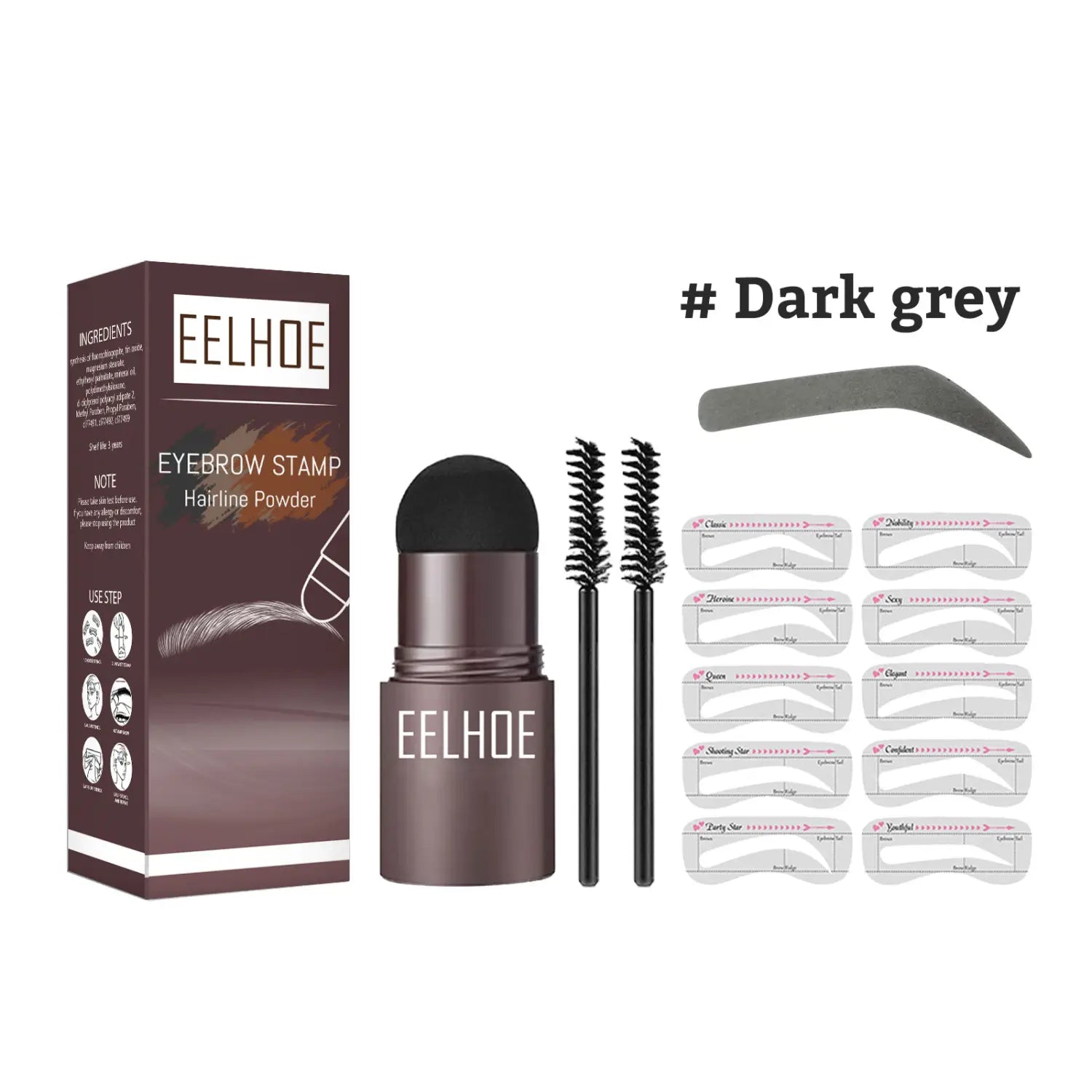 Dark grey eelhoe eyebrow stamp hairline powder stick with black cap and two brushes from the eyebrow powder stencil kit with stamp and pencil.