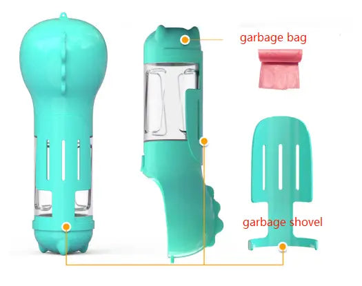 Bouteille d’eau pour chien multifonctionnelle en plastique turquoise avec distributeur de sacs à crottes, comprenant une chambre centrale transparente et un design à poignée.