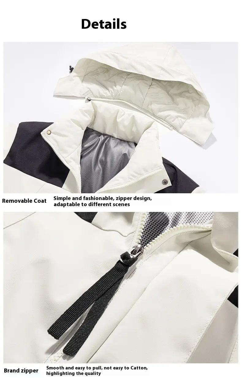 white and black waterproof thermal winter puffer jacket with a removable quilted hood, zipper closure, and branded zipper pull.