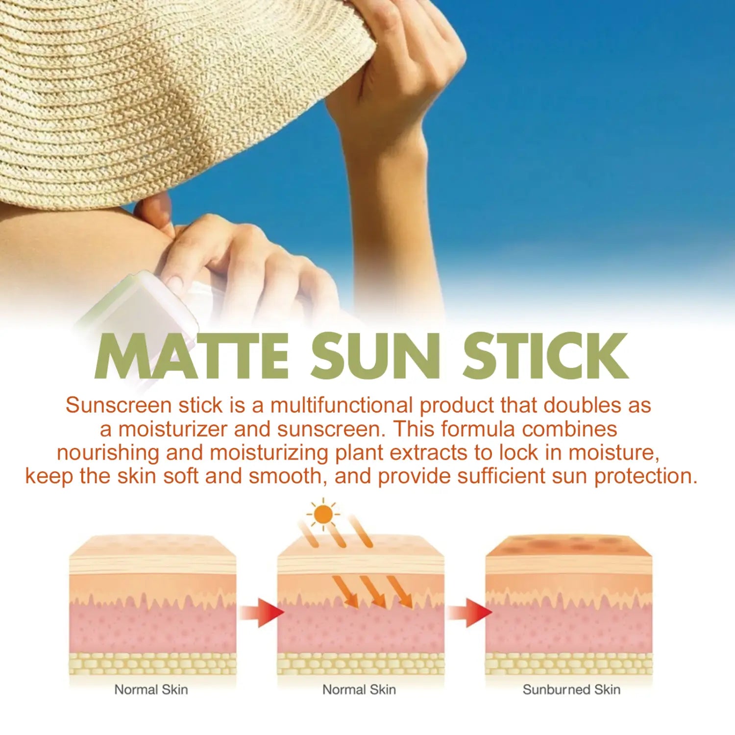 matte sun stick spf 50 moisturizing skincare cream in a white compact body with a textured straw hat in the background