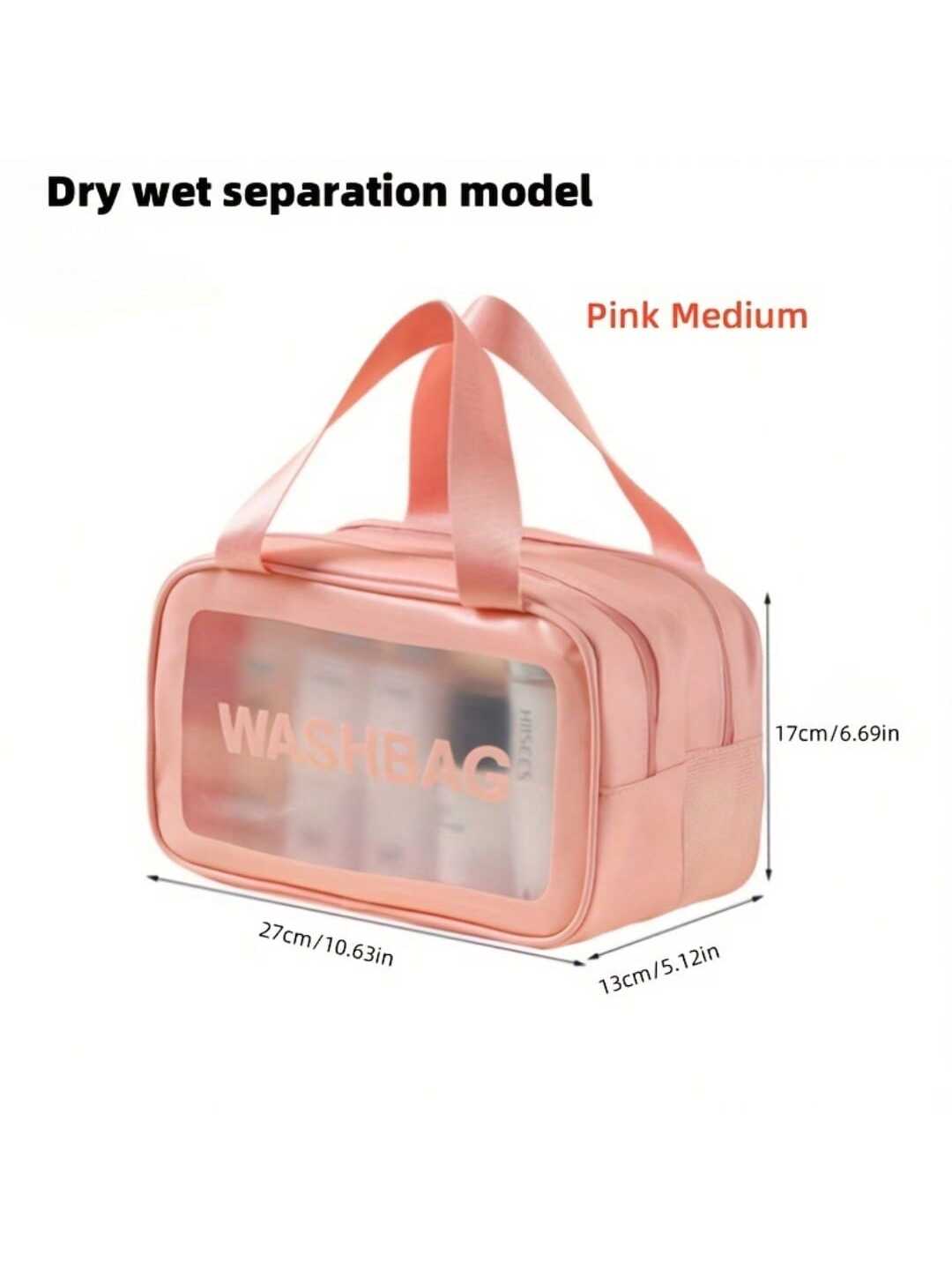 Rosafarbene Wäschtasche mittlerer Größe mit Trennung von trocken und nass, transparentem Frontpanel und passenden Griffen; gestaltet als Reisekosmetiktasche mit Trennung von trocken und nass und Wäsche-Organizer.