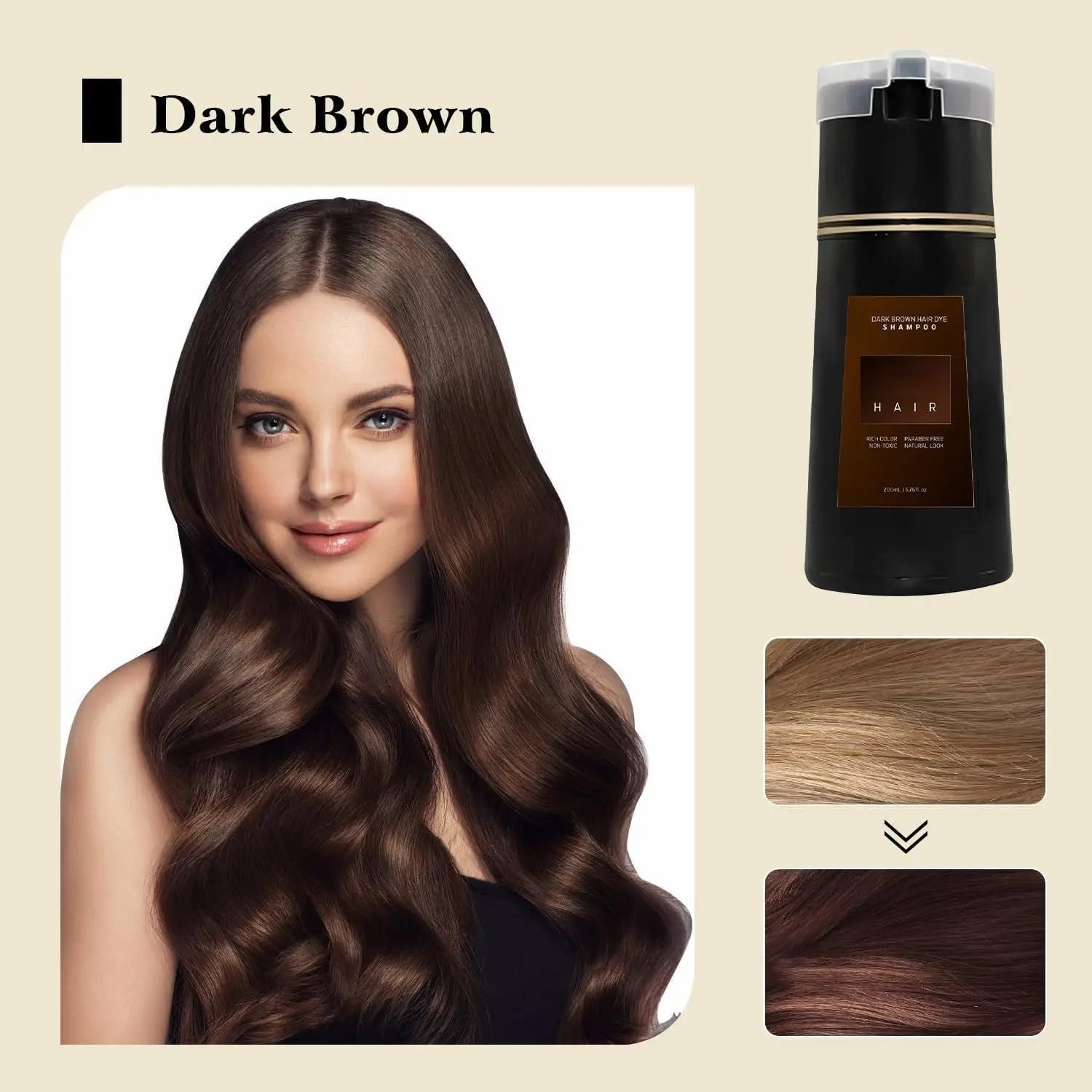 dark brown hair dye shampoo 200ml moisturizing formula in a sleek black bottle with gold accents