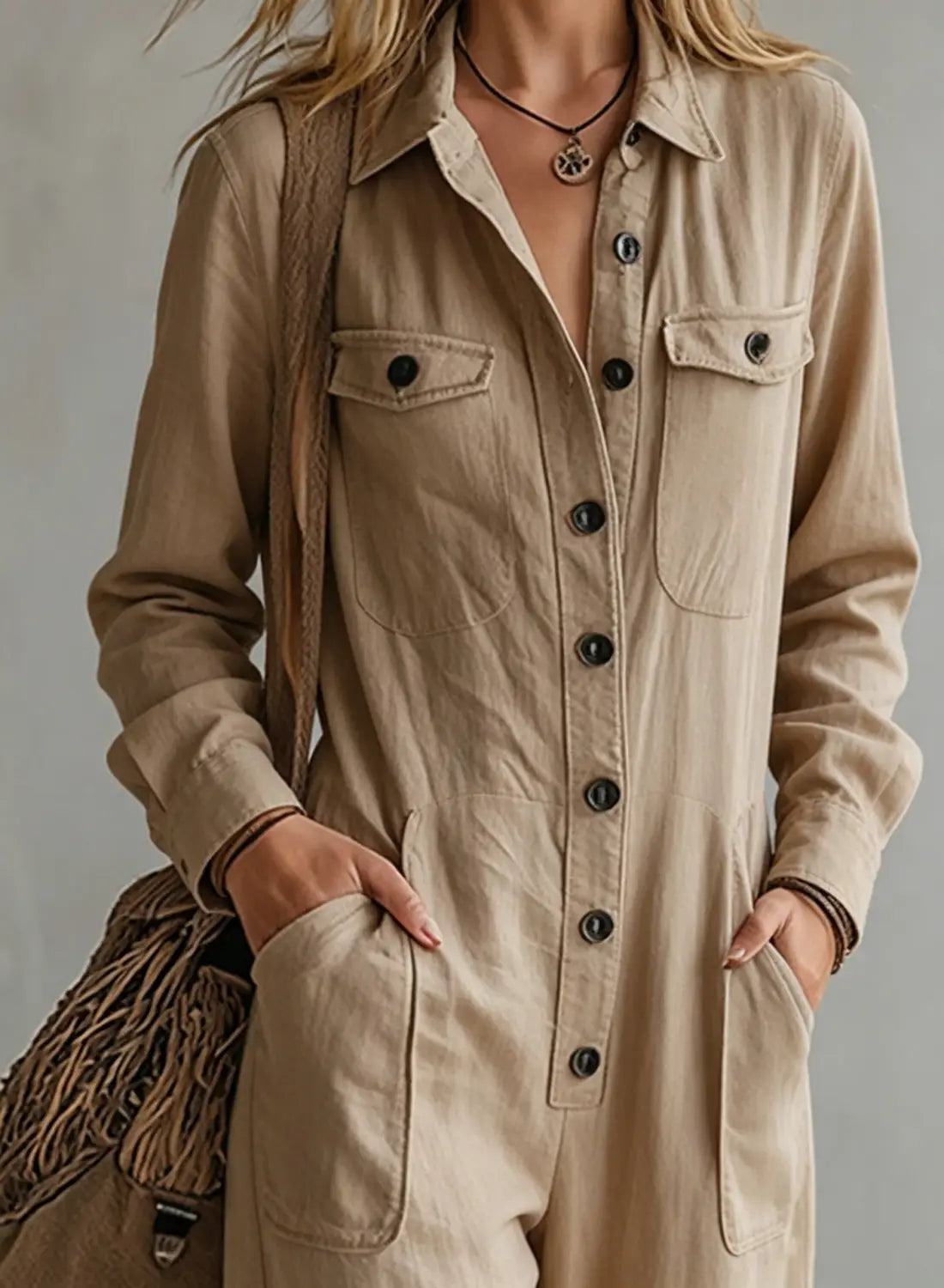 Beiger Leinen-Casual-Jumpsuit mit langen Ärmeln, Vorderknöpfen und zwei Brusttaschen, für die Arbeitskleidung konzipiert.