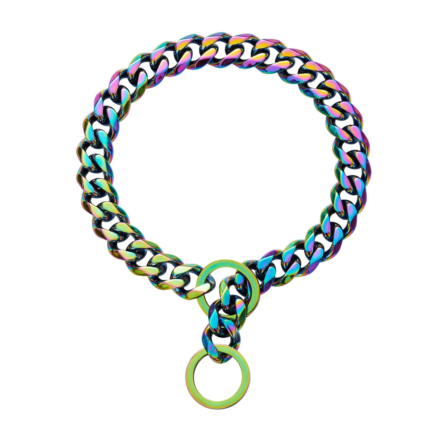 A vibrant iridescent rainbow stainless steel dog chain collar featuring a bold finish and two circular rings at the end.