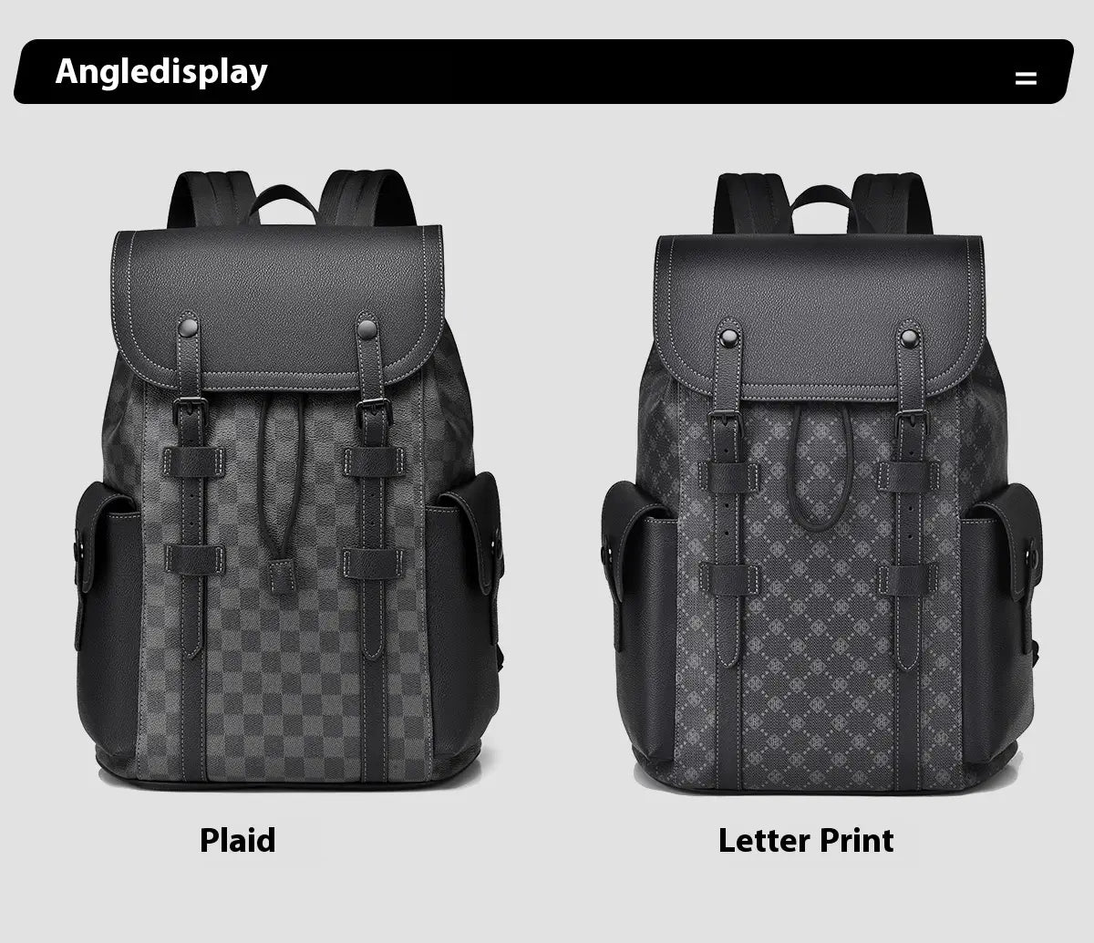 Men’s leather business travel backpack in black featuring a textured leather top flap and contrasting checkered or letter patterned fabric panels with a laptop sleeve.
