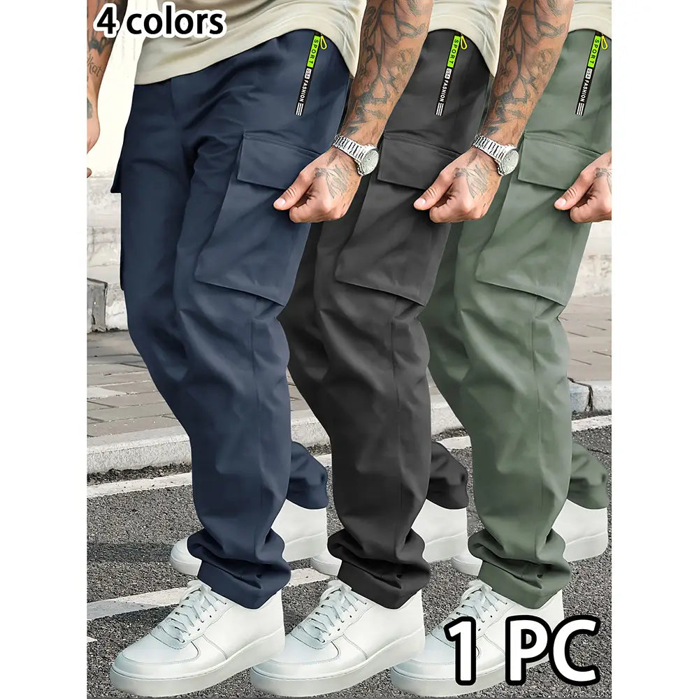 men’s loose fit neon accent cargo joggers in dark navy black and olive green featuring large side pockets and a subtle brand tag on the waistband