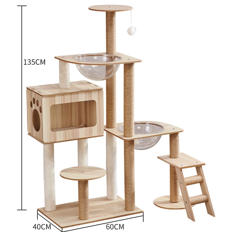Light wood-finished wooden cat tree scratching post and condo with multi-level sisal-wrapped posts, transparent glass bowls on platforms, and a paw-print cutout entrance.