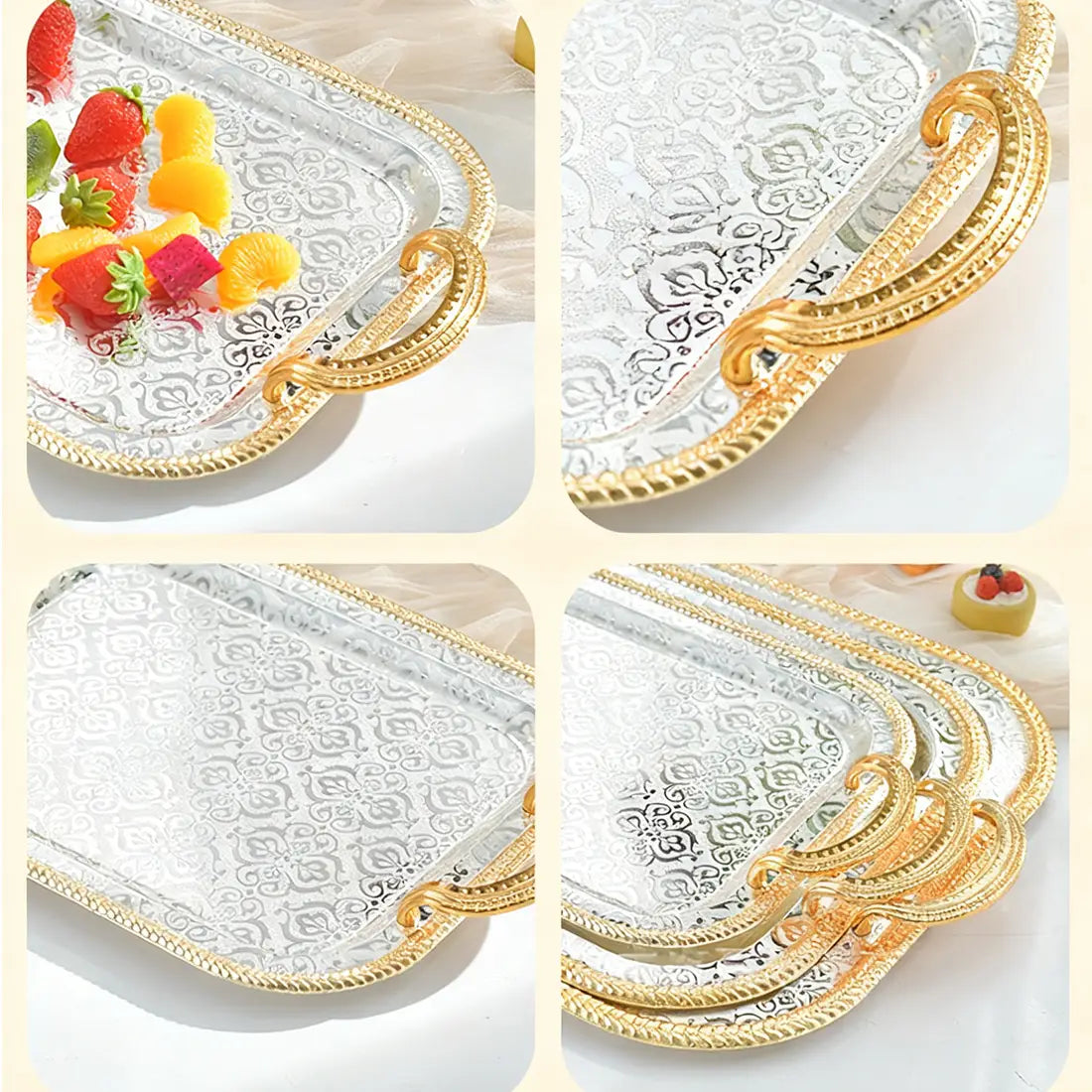 Luxury rectangle serving tray featuring an elegant silver design with gold-toned ornate handles and embossed floral patterns.