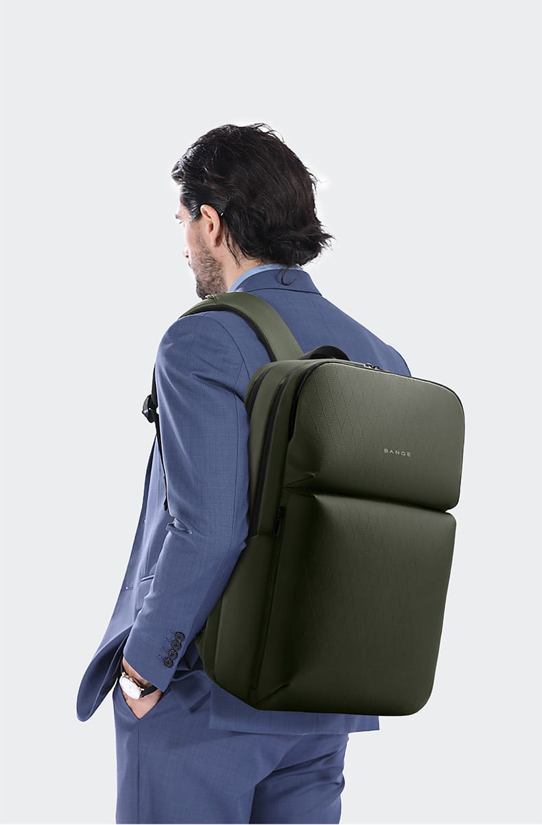 Olive green textured fabric business commuter backpack with large capacity and subtle brand logo on the front designed as a laptop bag.