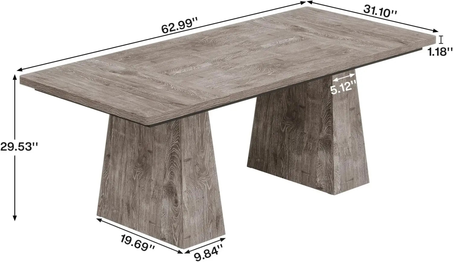Bureau de direction en bois au grain gris, poste de travail informatique de 63 pouces, avec plateau rectangulaire et deux pieds coniques massifs.