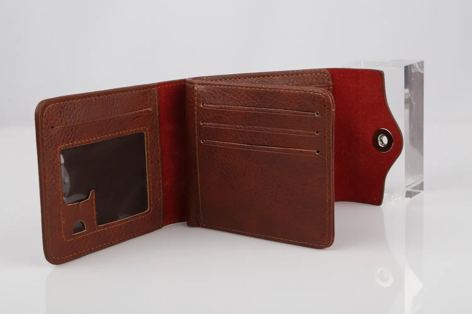 Men’s slim RFID blocking brown pu leather bifold wallet with red interior and multiple card slots.