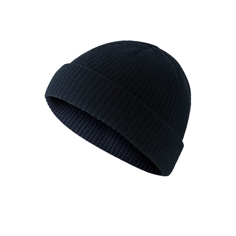 black ribbed knit wool beanie hat with a folded cuff suitable for cold weather.