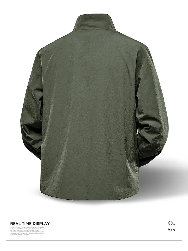 Veste zippée coupe-vent imperméable légère pour homme en nylon vert olive, avec col montant.