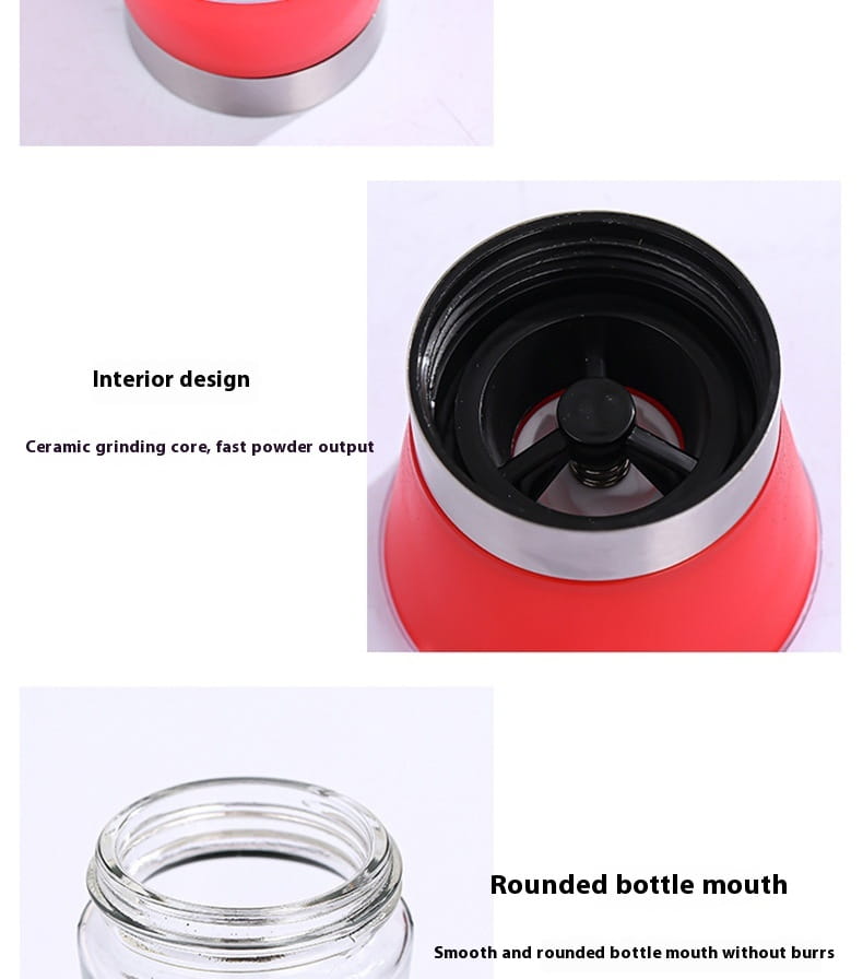 Corps de moulin à poivre en silicone rouge avec bordure en acier inoxydable et noyau de broyage en céramique noir, dans un ensemble de moulin à poivre en acier inoxydable et en verre, pack de 4.
