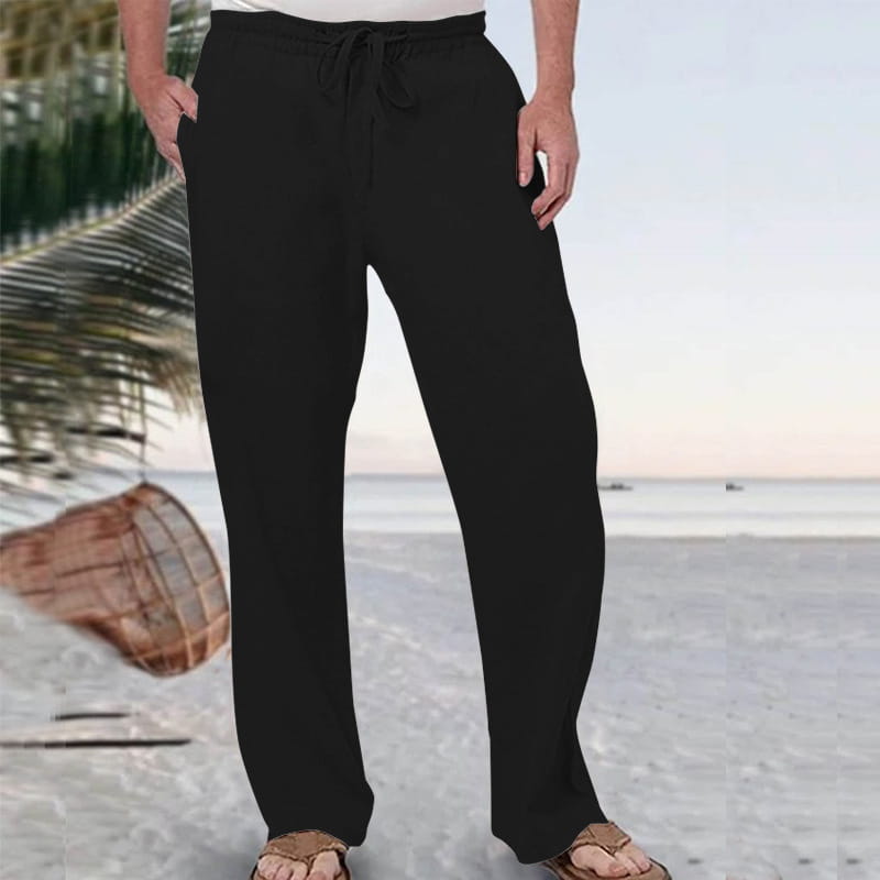 black loose-fitting linen jogger pants for men with a drawstring waistband designed for casual wear