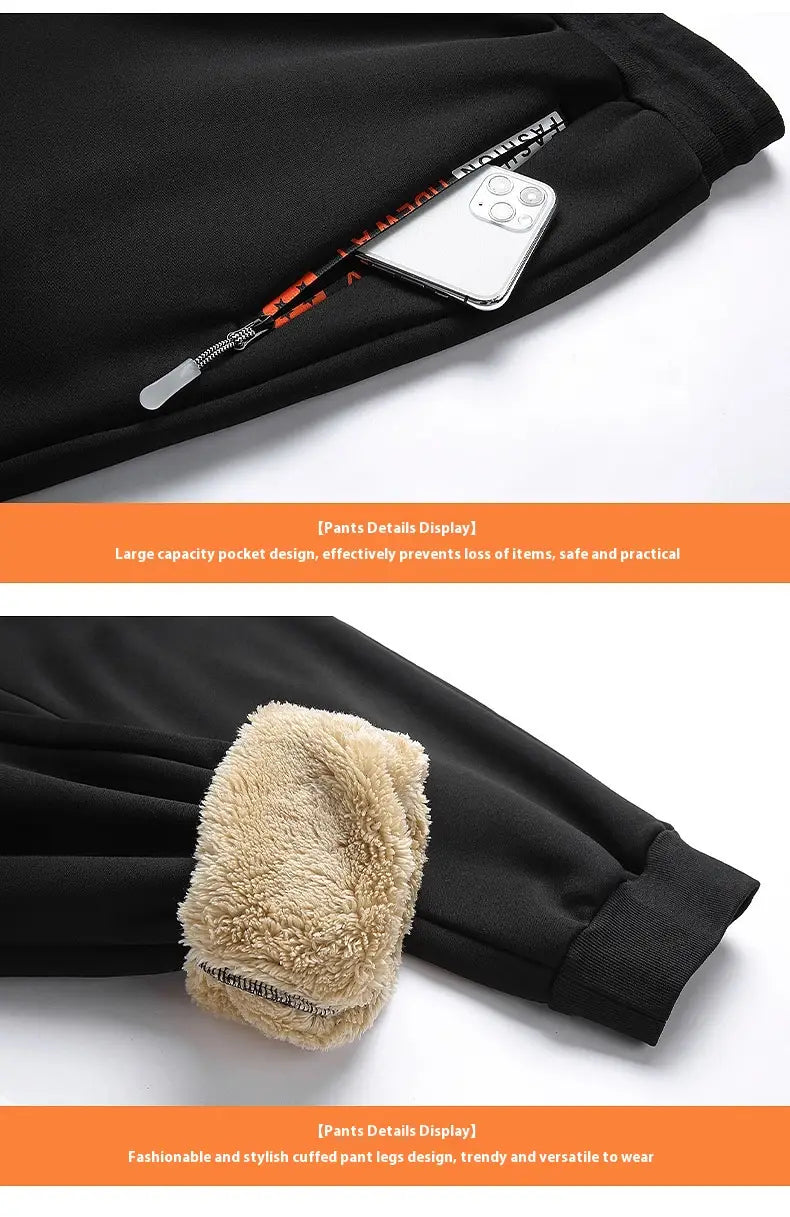 Black fleece-lined sweatpants with a cozy plush interior and ribbed cuffs from the men fleece lined tracksuit set.