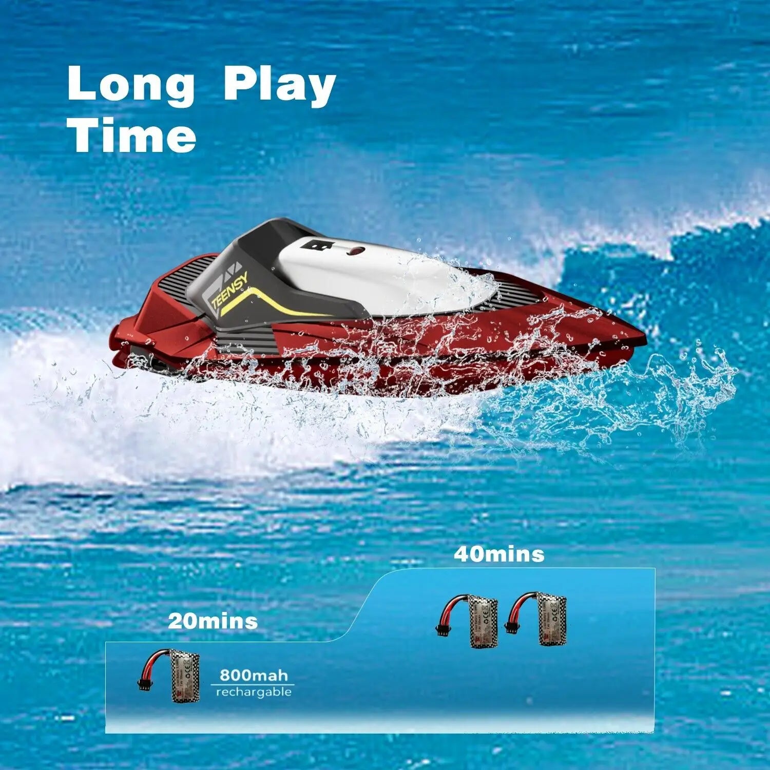 Jet ski télécommandé rouge et blanc avec des accents noirs, design élégant, marque trensy, conçu comme un bateau de course rapide pour enfants.