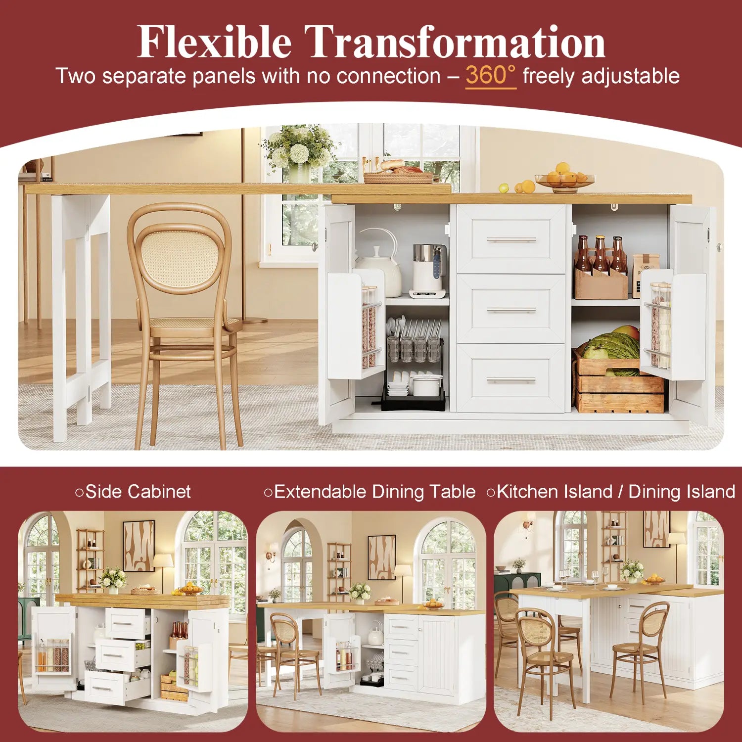 White kitchen island dining table with wooden top featuring a flexible extendable design and built-in storage