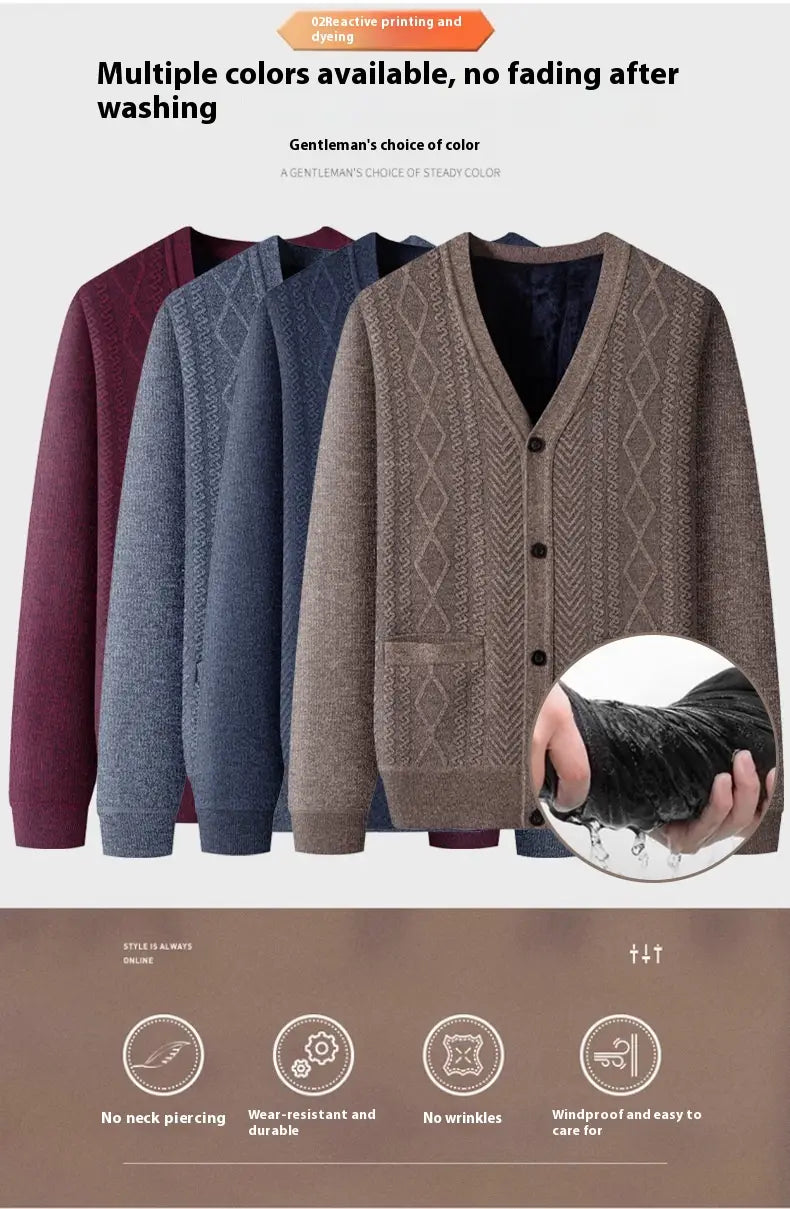 Herren-gestreifter Strickcardigan aus gemütlichem braunem, strukturiertem Strick mit Diamantmuster und Knopfverschluss.