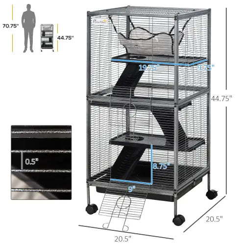 cage pour furet et petits animaux à 5 niveaux superposés en métal noir, avec portes coulissantes et roues, conçue comme une cage roulante à 5 niveaux pour furet et petits animaux