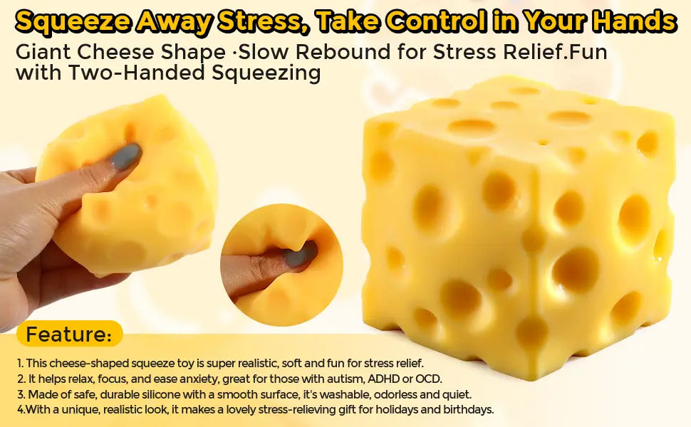 Jouet anti-stress en forme de fromage géant jaune, malléable, à rebond lent, fabriqué en silicone durable, avec une texture réaliste et des perforations pour soulager le stress.
