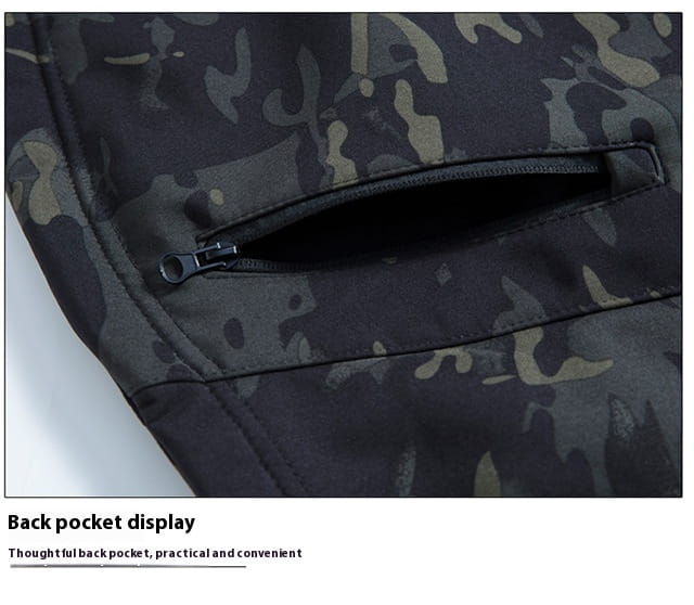 Men’s waterproof tactical fleece soft shell jacket in black and olive green camouflage with a zippered back pocket shown from the back side.