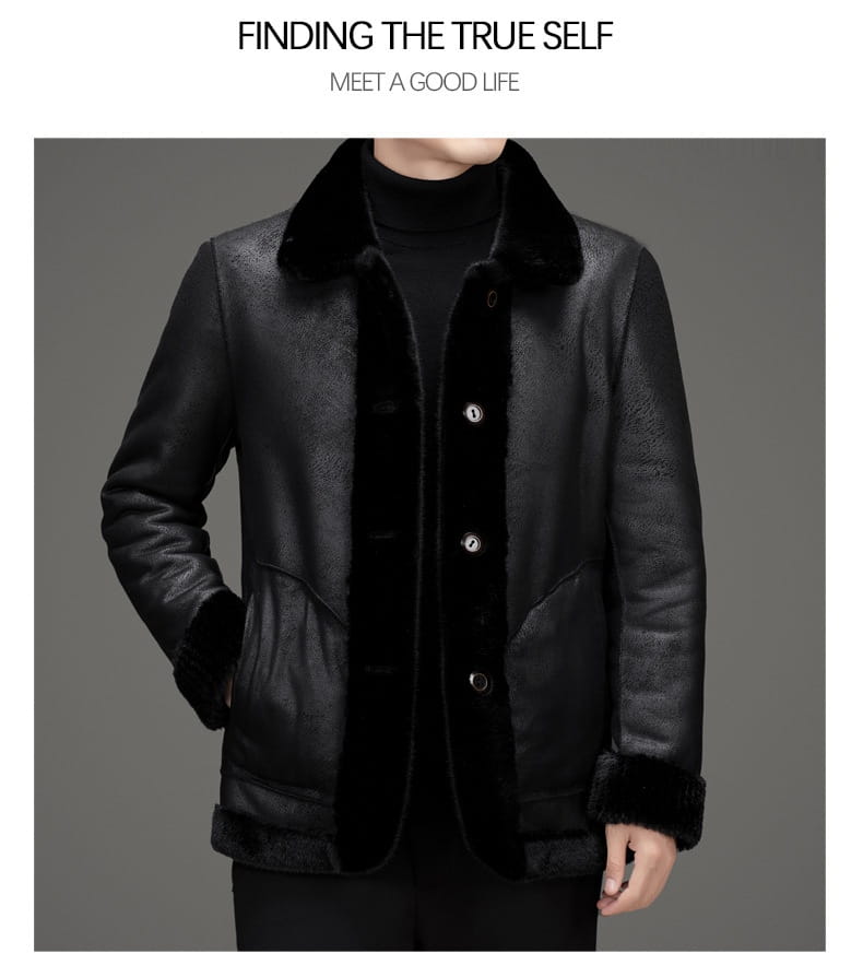 Black shearling jacket for men featuring a plush fur collar and cuffs made from faux fur ideal for winter wear.