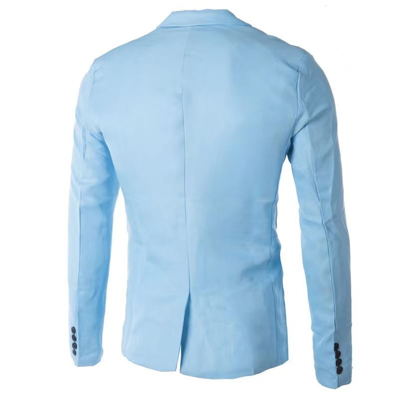 Veste de blazer décontractée à simple boutonnage bleu marine pour homme avec une coupe ajustée et élégante et des accents de bouton noir sur les poignets