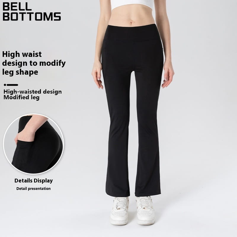Schwarze High-Waist ausgestellte Yoga-Hosen aus glattem, elastischem Stoff mit Schlaghosen-Beinen und Taschen-Bootcut-Design.