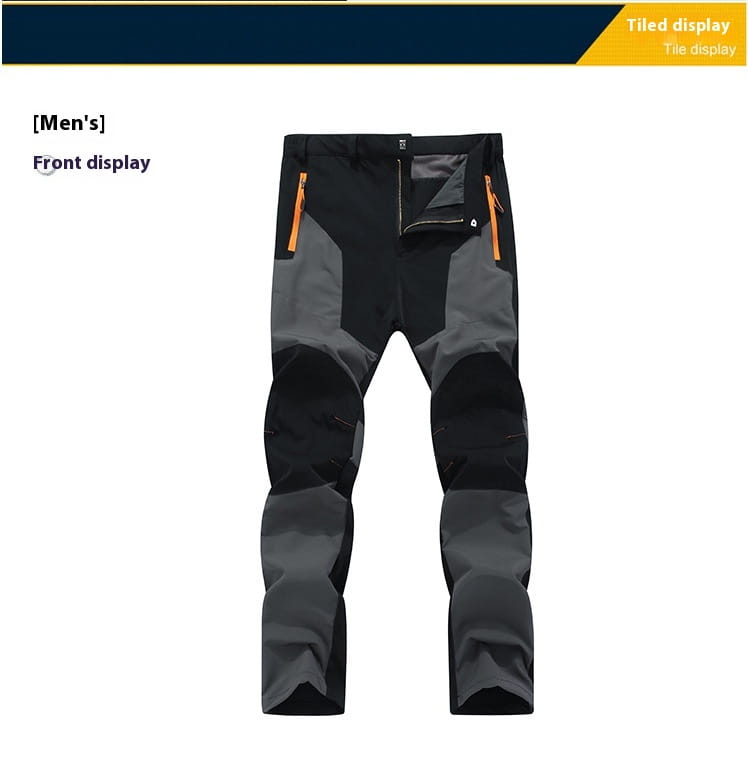 Men’s waterproof tactical hiking pants in black and gray with orange zipper accents designed for durability and outdoor use.
