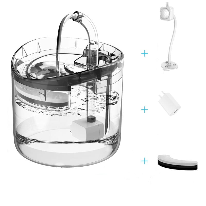 Fontaine à eau intelligente pour animal de compagnie en plastique transparent de 1,8 L, avec bec courbé et système de filtration interne.