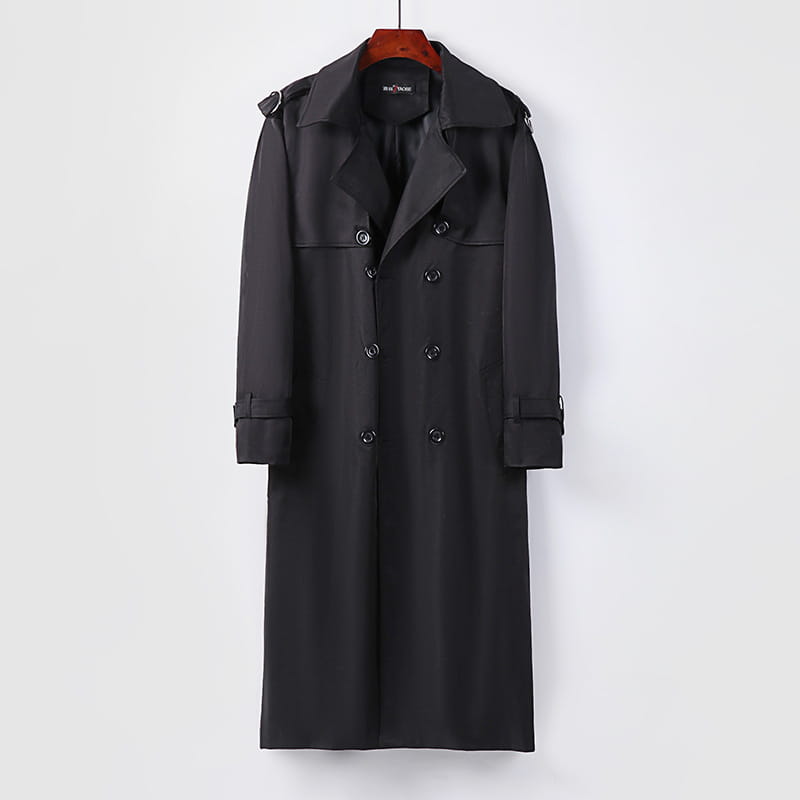 plus size men trench coat thickened black over-knee with a structured collar and epaulets made of thickened material.