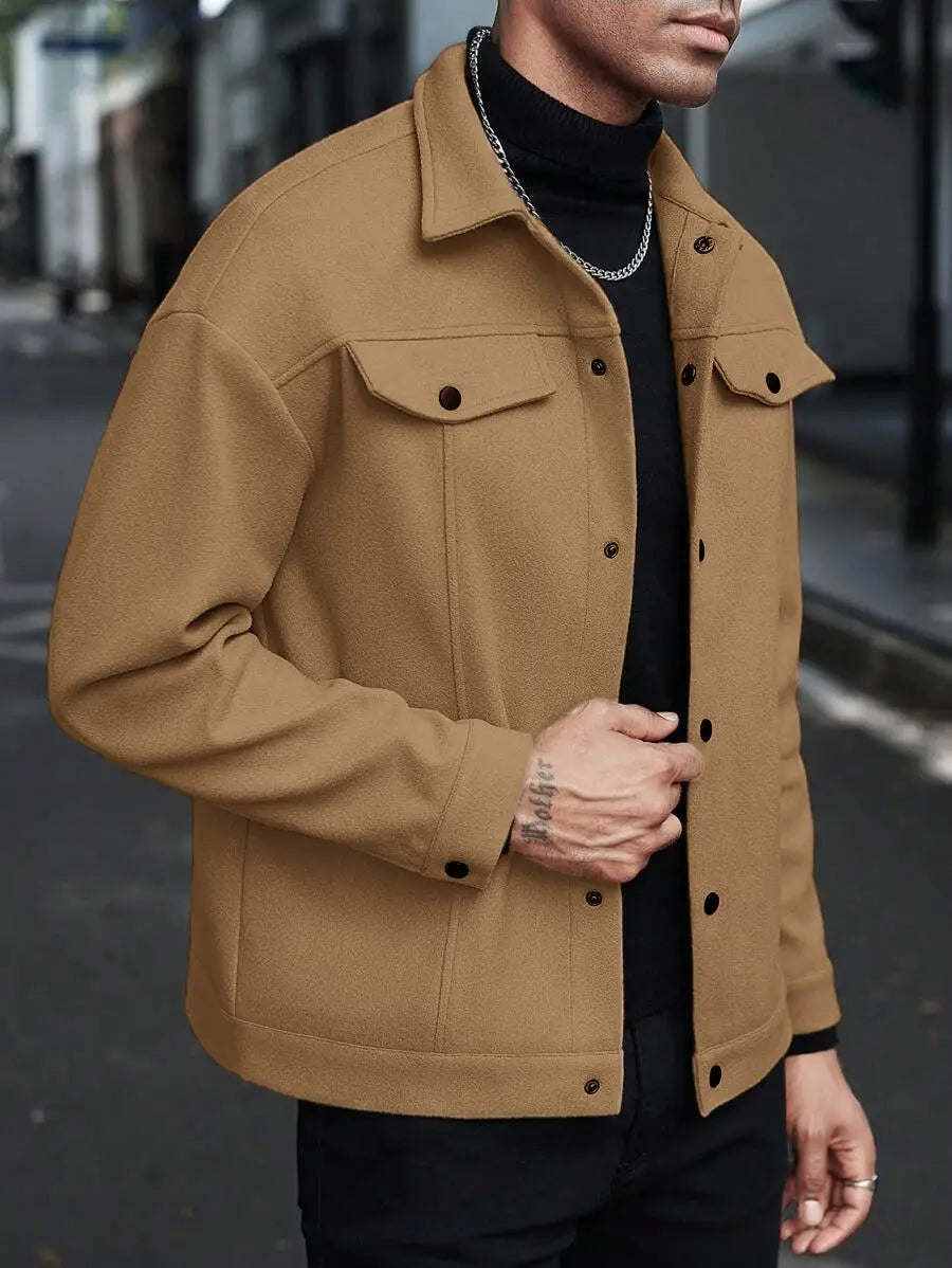 men’s classic slim fit wool blend lapel jacket in tan wool with black buttons and flap pockets