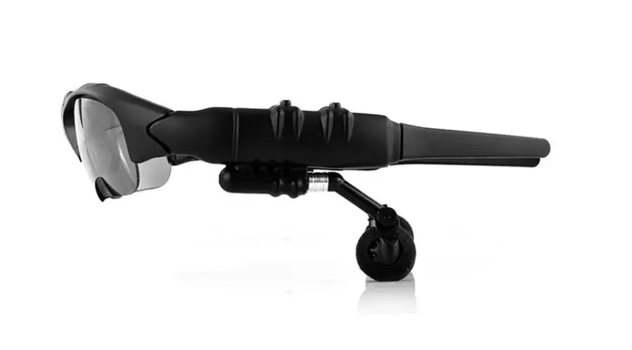 Black tactical-style smart Bluetooth audio sunglasses with matte finish integrated headband dark-tinted lenses HD camera and microphone.